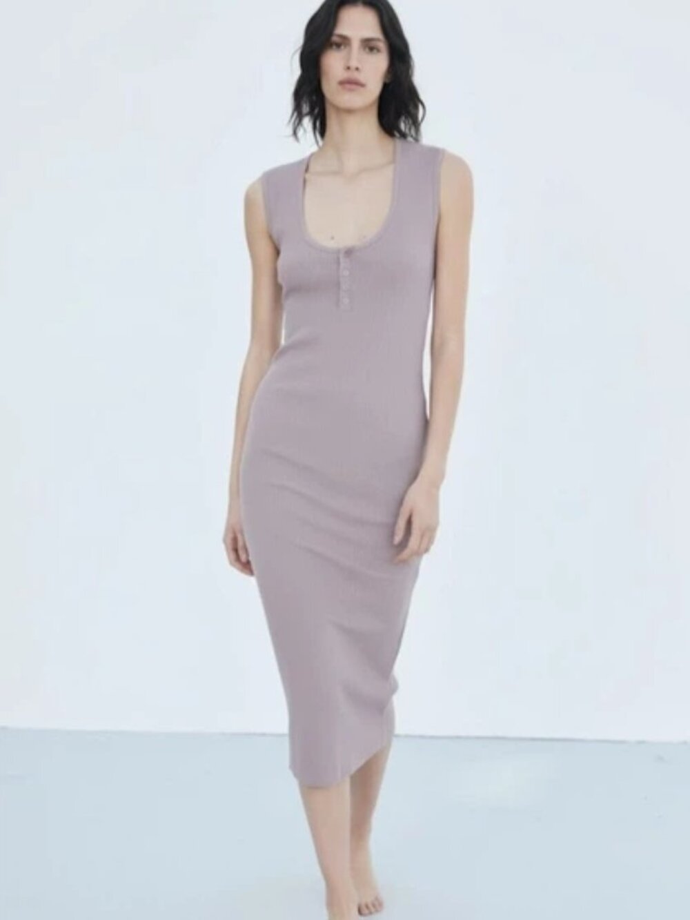 Zara Lilac Ribbed Knit Button Front Midi Dress Size Small
